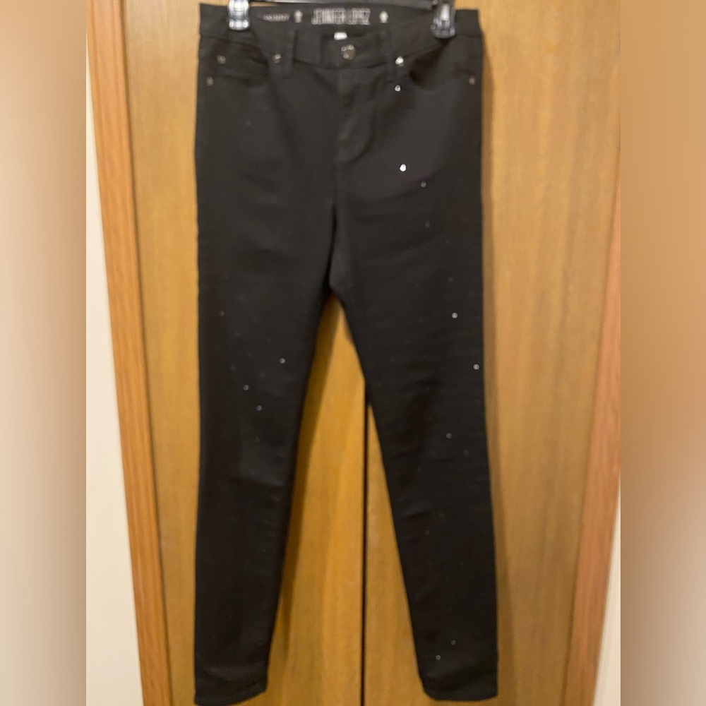 JENNIFER LOPEZ Skinny Jeans Women's 8 Gem Detail Sexy Black Mid Rise Stretch